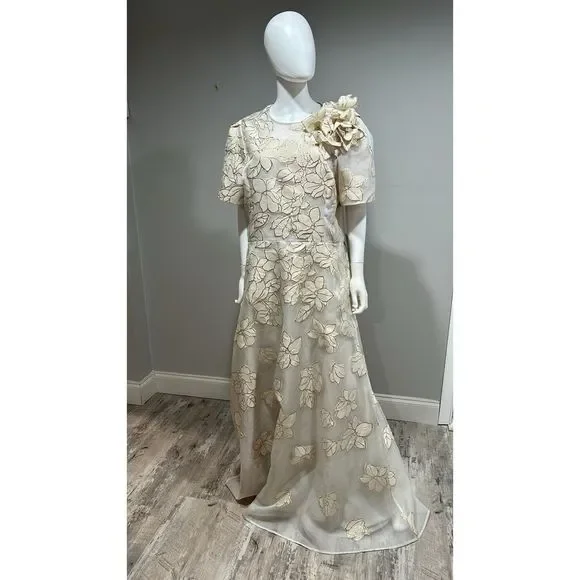 ❌❌ Sold Teri Jon by Rickie Freeman Ivory and Gold Floral Jacquard A-line Gown - Picture 8 of 12